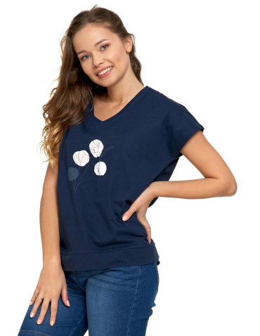 Koszulki i topy - Koszulka damska T-shirt oversize w kwiatowy motyw GRANATOWY - produkt 1