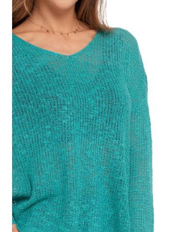 Swetry - Sweter damski ażurowy cienki z długim rękawem TURKUSOWY - produkt 3