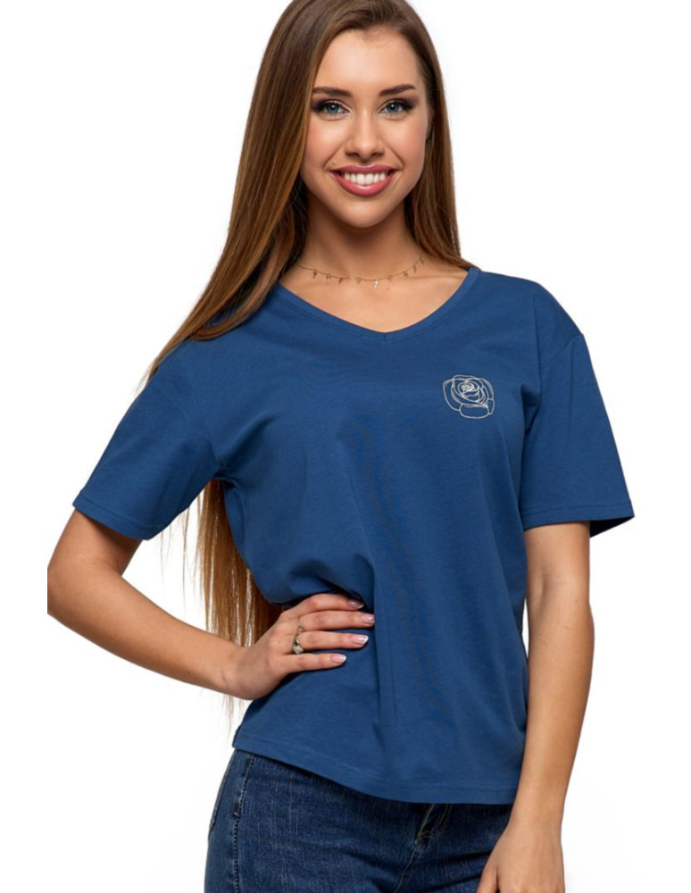 Bluzki i koszule - T-shirt damski z linearną różą GRANATOWY - produkt moraj.pl 1