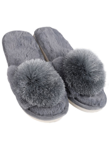 Kapcie i bambosze - Kapcie damskie klapki domowe z ozdobnym pomponem SZARY - produkt 1