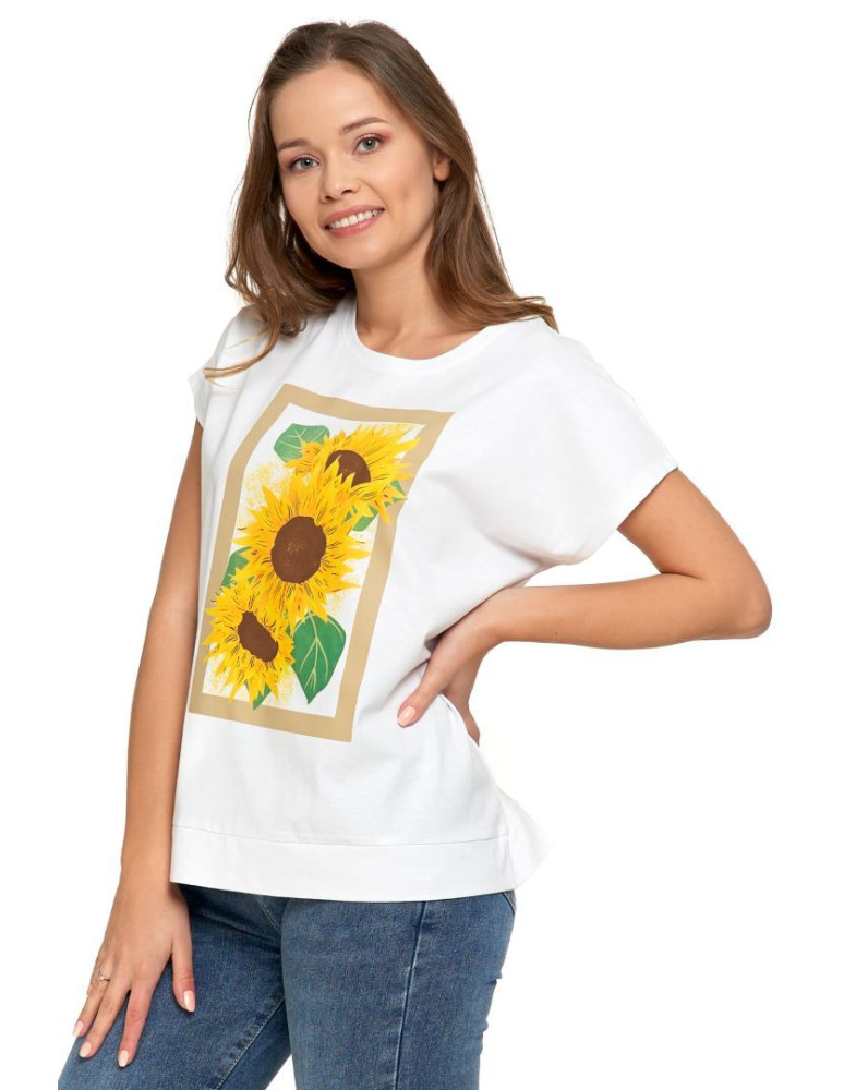 Koszulki i topy - Koszulka damska T-shirt oversize ze słonecznikami BIAŁY - produkt moraj.pl 2