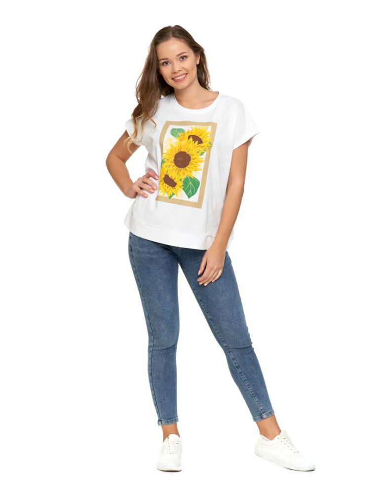 Koszulki i topy - Koszulka damska T-shirt oversize ze słonecznikami BIAŁY - produkt moraj.pl 4