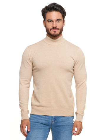 Swetry - Sweter męski półgolf o klasycznym kroju BEŻOWY - produkt 2