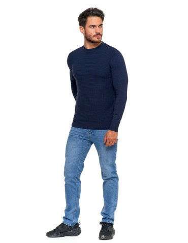 Swetry - Sweter męski z okrągłym dekoltem i drobnym wzorem GRANATOWY - produkt 7