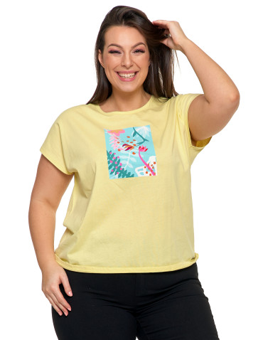 Koszulki i topy - Koszulka damska T-shirt z nadrukiem w kwiaty ŻÓŁTY - produkt 1