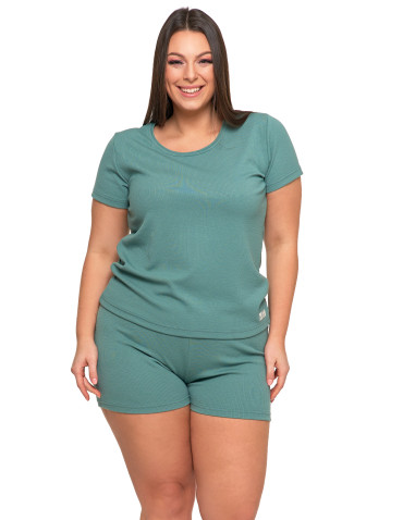 Krótki rękaw - Piżama damska wiskozowa z krótkim rękawem w prążek Plus Size ZIELONY - produkt 1