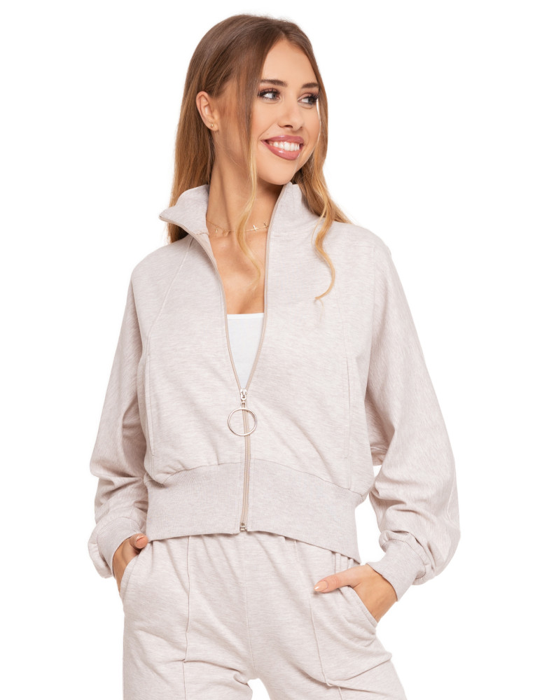 Bluzy - Bluza dresowa damska rozpinana ze stójką o luźnym kroju BEŻOWY - produkt moraj.pl 1