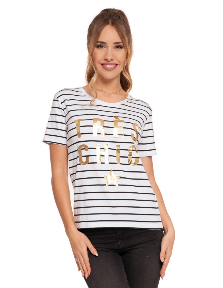 Koszulki i topy - T-shirt damski koszulka w paski ze złotym nadrukiem BIAŁY - produkt moraj.pl 1