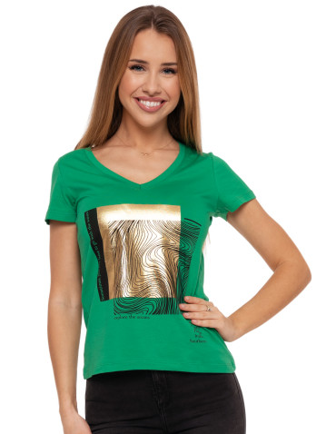 Koszulki i topy - T-shirt damski z dekoltem w serek i złotym nadrukiem ZIELONY - produkt 1