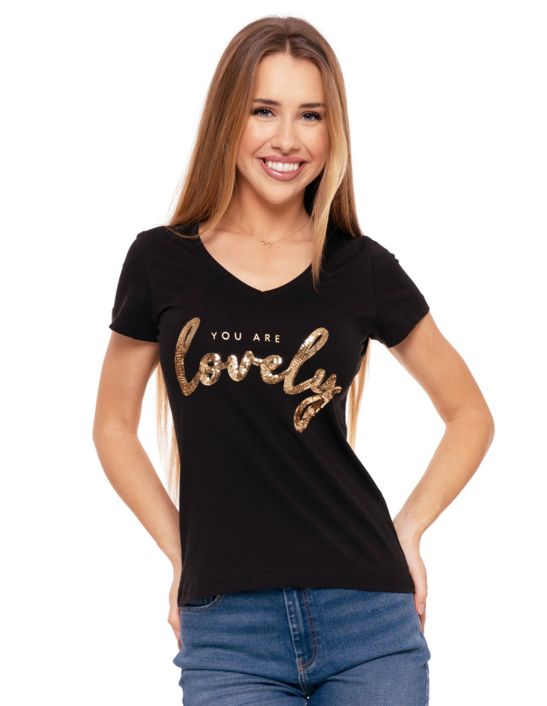 Koszulki i topy - T-shirt damski z dekoltem w serek i cekinami CZARNY - produkt moraj.pl 1