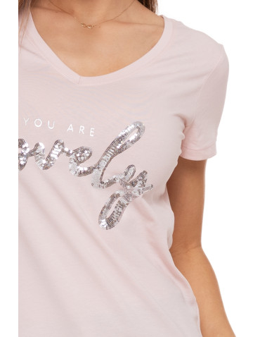 Koszulki i topy - T-shirt damski z dekoltem w serek i cekinami RÓŻOWY - produkt 4