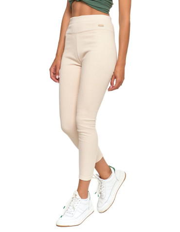 Legginsy - Prążkowane legginsy damskie z wysokim stanem ocieplane BEŻOWY - produkt 6