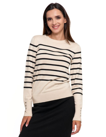Swetry - Damski sweter w paski dzianinowy z ozdobnymi guzikami KREMOWY - produkt 1