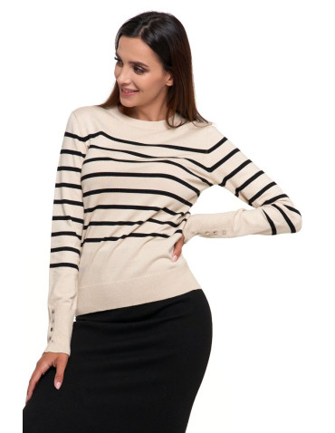 Swetry - Damski sweter w paski dzianinowy z ozdobnymi guzikami KREMOWY - produkt 5