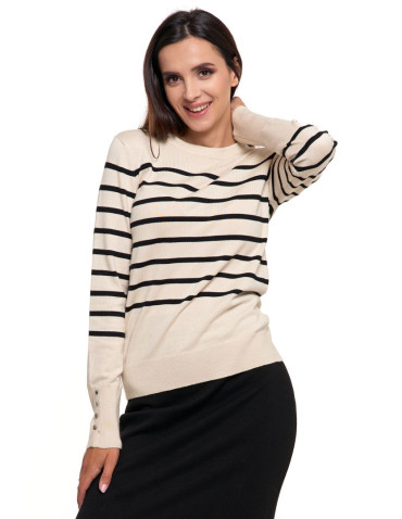 Swetry - Damski sweter w paski dzianinowy z ozdobnymi guzikami KREMOWY - produkt 6