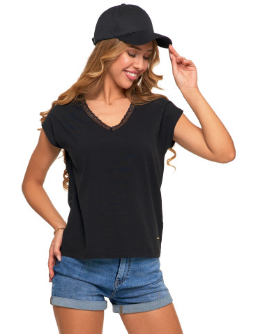 Koszulki i topy - Koszulka damska T-shirt oversize z dekoltem w serek CZARNY - produkt 1