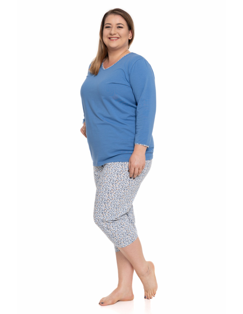 Długi rękaw - Piżama damska bawełniana z spodniami 3/4 w kwiaty Plus Size GRANATOWY - produkt moraj.pl 1
