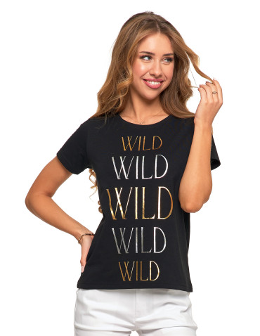 Koszulki i topy - Koszulka damska T-shirt z błyszczącymi napisami CZARNY - produkt 1