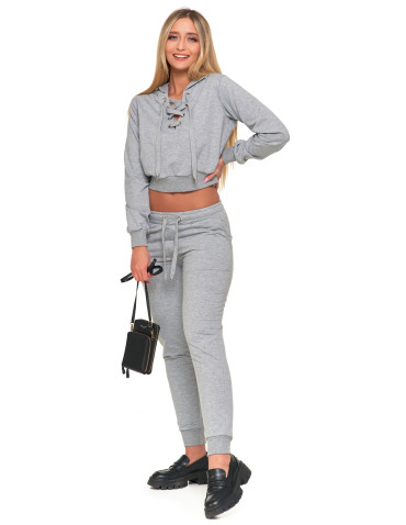 Bluzy - Bluza dresowa damska crop-top z kapturem i wiązaniem SZARY - produkt 8