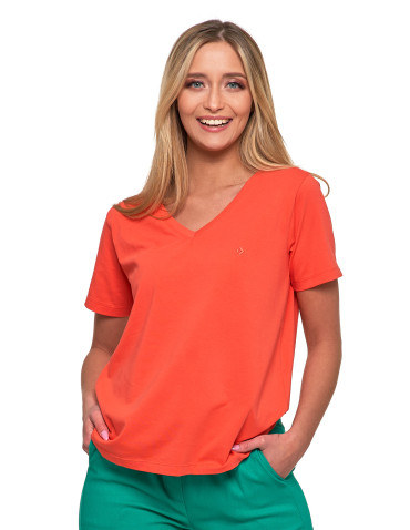 Koszulki i topy - Koszulka damska bawełna Premium T-shirt dekolt w serek KORALOWY - produkt 1