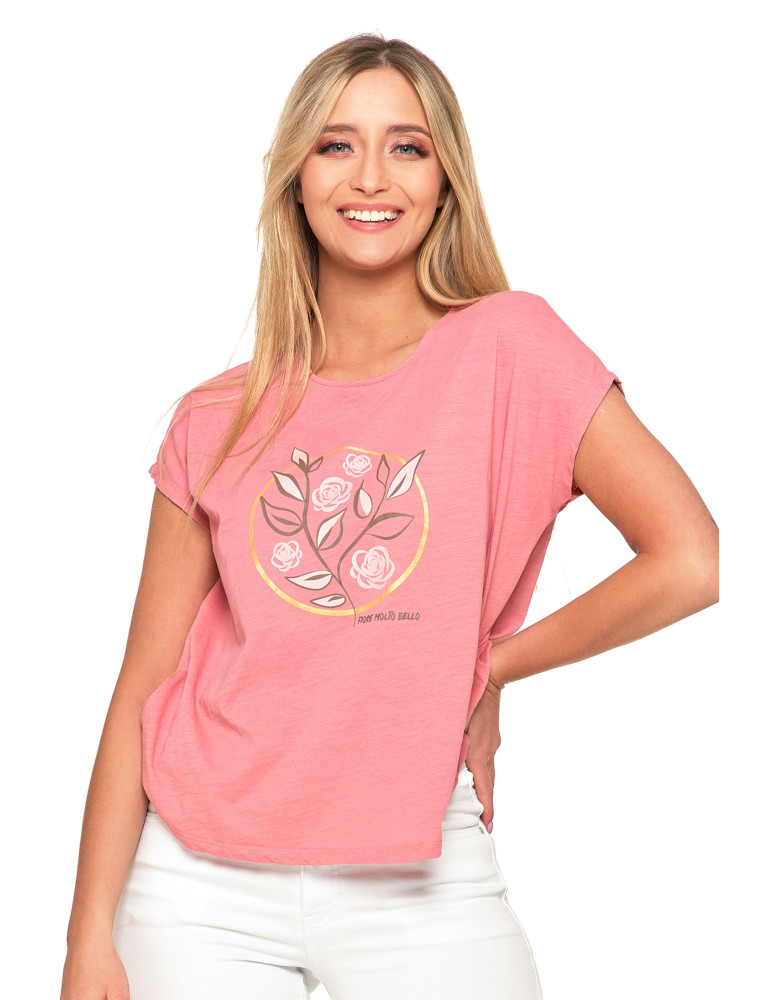 Koszulki i topy - Koszulka damska T-shirt w kwiaty krótki rękaw RÓŻOWY - produkt moraj.pl 1