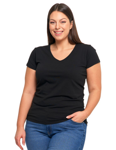 Koszulki i topy - T-shirt damski bawełniany z dekoltem V Plus Size CZARNY - produkt 1