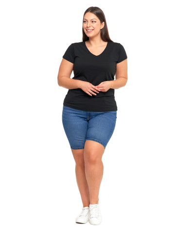 Koszulki i topy - T-shirt damski bawełniany z dekoltem V Plus Size CZARNY - produkt 4