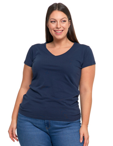 Koszulki i topy - T-shirt damski bawełniany z dekoltem V Plus Size GRANATOWY - produkt 1