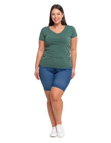 Koszulki i topy - T-shirt damski bawełniany z dekoltem V Plus Size KHAKI - produkt 4