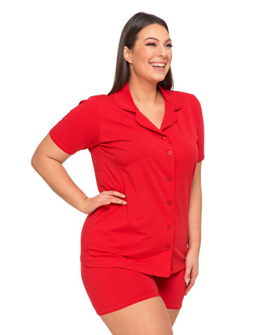 Krótki rękaw - Piżama damska dwuczęściowa rozpinana krótka Plus Size CZERWONY - produkt 3