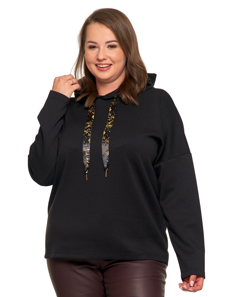 Bluzy - Luźna damska bluza z kapturem ze złotym zdobieniem CZARNY - produkt moraj.pl 1