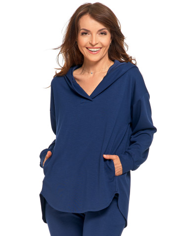 Bluzy - Damska bluza oversize z kapturem i dekoltem w serek GRANATOWY - produkt 1