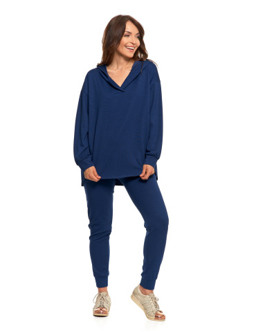 Bluzy - Damska bluza oversize z kapturem i dekoltem w serek GRANATOWY - produkt 7