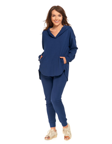 Bluzy - Damska bluza oversize z kapturem i dekoltem w serek GRANATOWY - produkt 8