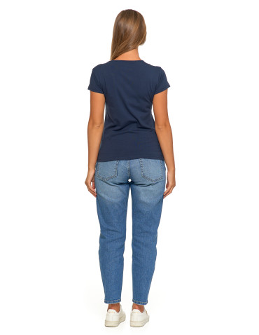 Koszulki i topy - T-shirt damski bawełniany z krótkim rękawkiem jednokolorowy GRANATOWY - produkt 7