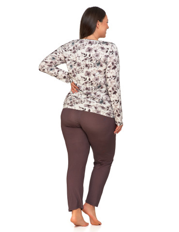 Długi rękaw - Damska piżama Plus Size z kwiatową buzką i długimi spodniami BEŻOWY - produkt 4