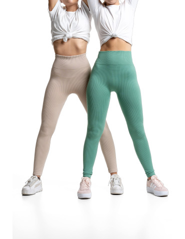 Legginsy - Legginsy damskie z wysokim stanem prążkowane sportowe BEŻOWY - produkt 8
