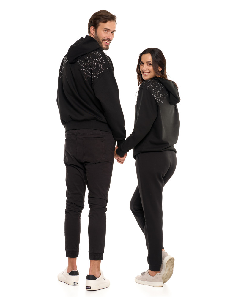Bluzy - Bluza unisex z kapturem i cyrkoniami ocieplana CZARNY - produkt moraj.pl 2