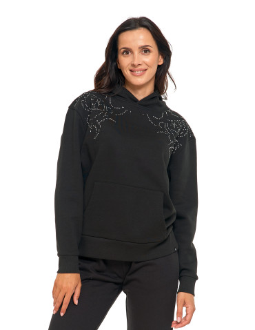 Bluzy - Bluza unisex z kapturem i cyrkoniami ocieplana CZARNY - produkt 4