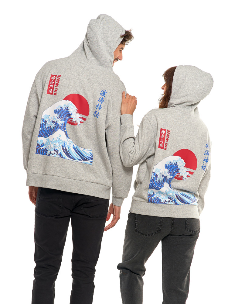Bluzy - Bluza unisex z kapturem z japońskim motywem fali SZARY - produkt moraj.pl 2