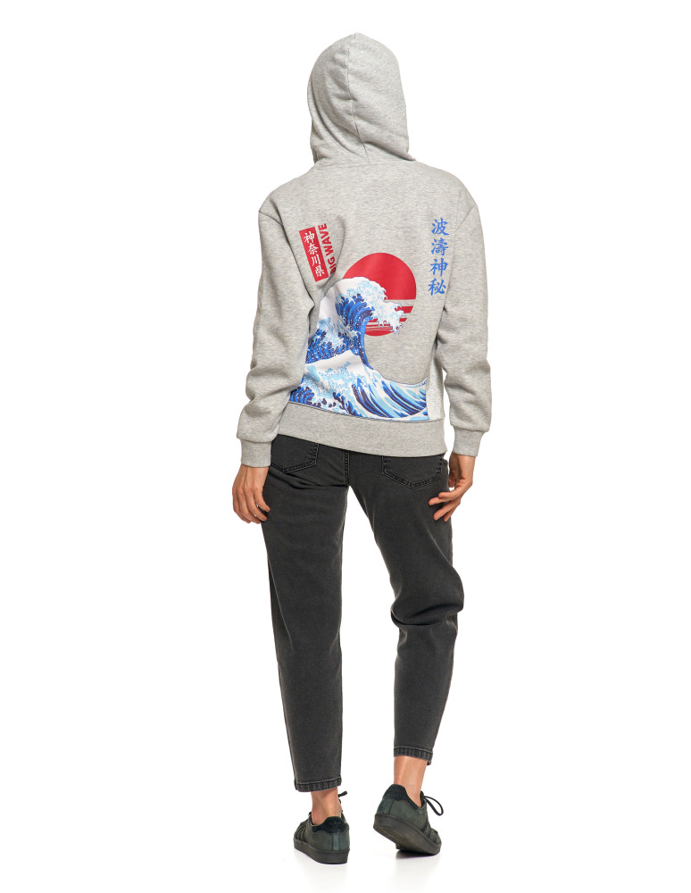 Bluzy - Bluza unisex z kapturem z japońskim motywem fali SZARY - produkt moraj.pl 13