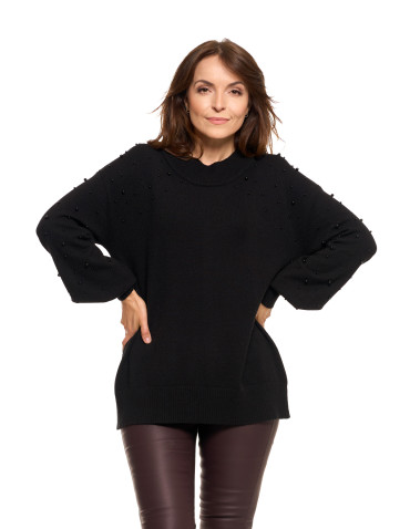 Swetry - Damski sweter z ozdobnymi perełkami i szerokimi rękawami CZARNY - produkt 1