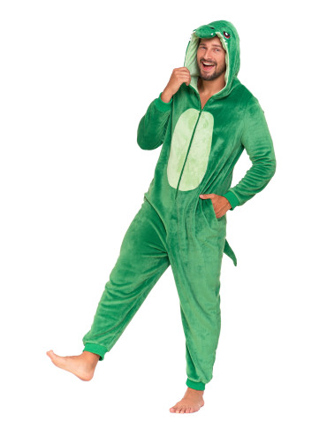 Długi rękaw - Jednoczęściowy kostium onesie dinozaur z kapturem unisex ZIELONY - produkt 8