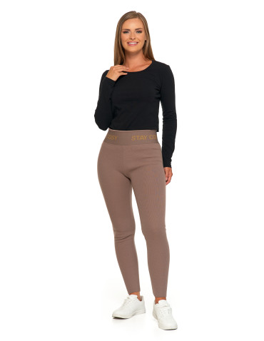 Legginsy - Legginsy damskie ocieplane w prążek wysoki stan MOKKA - produkt 1