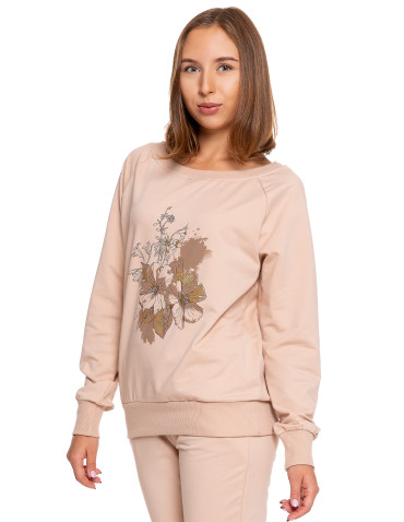 Bluzy - Bluza damska dresowa o klasycznym kroju z nadrukiem BEŻOWY - produkt 1
