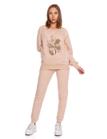 Bluzy - Bluza damska dresowa o klasycznym kroju z nadrukiem BEŻOWY - produkt 7