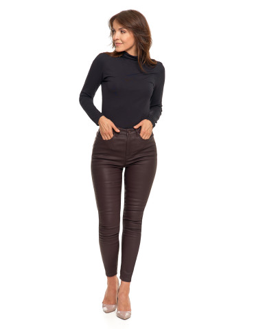 Spodnie - Spodnie damskie skinny z wysokim stanem woskowane BRĄZOWY - produkt 1