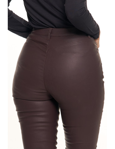 Spodnie - Spodnie damskie skinny z wysokim stanem woskowane BRĄZOWY - produkt 5