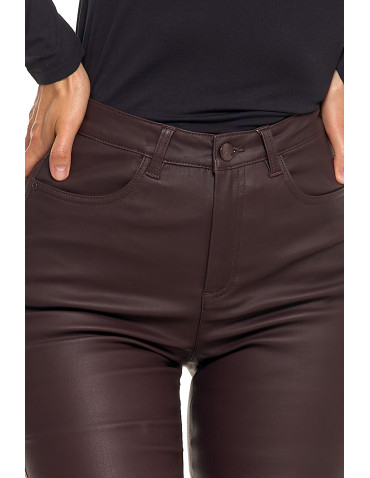 Spodnie - Spodnie damskie skinny z wysokim stanem woskowane BRĄZOWY - produkt 6