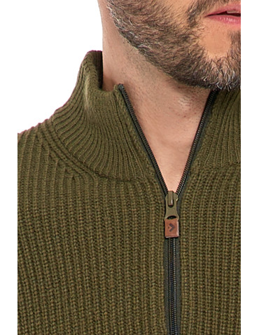 Swetry - Sweter męski klasyczny zapinany ze stójką KHAKI - produkt 3